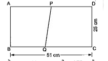 दी गई आकर्ति में ABCD एक आयत है जिसकी लंबाई 51 cm और चौड़ाई 25 cm है । इस आयत में से एक समलंब  PQCD काटा जाता है जिसकी समांतर भुजाएँ QC तथा PD = 9 : 8 के अनुपात में है।  यदि समलंब PQCD का क्षेत्रफल आयत के क्षेत्रफल का (5)/(6) है तो QC तथा PD की लंबाई ज्ञात कीजिये।