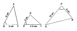 दी गई आकृति में कौन-से दो त्रिभुज समरूप हैं? प्रयुक्त हुई समरूपता कसौटी को भी लिखिए।