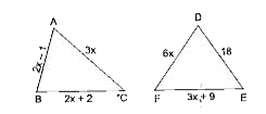 निम्नांकित आकृति में, यदि DeltaABC ~ DeltaDEF है तथा उनकी भुजाओं की लंबाइयाँ (cm में) उनके अनुदिश अंकित हैं, तो प्रत्येक विभुज की भुजाएँ ज्ञात कीजिए।