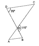 दी गई आकृति में,ΔODC ~ ΔOBA,  तथा , angleBOC = 115^(@) तथा angleCDO = 70^(@) है। ज्ञात कीजिए   angleDOC