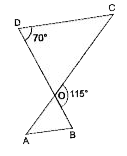 दी गई आकृतिΔODC  ~ ΔOBA,, angleBOC = 115^(@) तथा angleCDO = 70^(@) है। ज्ञात कीजिए   angleDCO