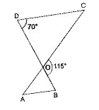 दी गई आकृति में, ΔODC  ~ ΔOBA, angleBOC = 115^(@) तथा angleCDO = 70^(@) है। ज्ञात कीजिए   angleOBA