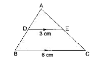 दी गई, आकृति में, DE||BC है। यदि DE = 3 cm, BC = 6.cm तथा a r(DeltaADE) = 15 cm^(2) है, तो DeltaABC का क्षेत्रफल ज्ञात कीजिए।