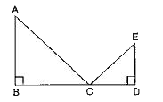 दी गई आकृति में, angleB = angleD = 90^(@) है। यदि AB = 12 cm, AC = 13 cm, CE = 5 cm और ED = 4 cm है, तो BD की लंबाई ज्ञात कीजिए।