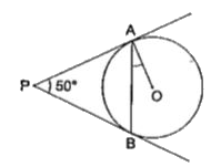 दी गई आकृति में, PA तथा PB, केंद्र O वाले वृत्त की ऐसी स्पर्शरखाएँ हैं कि  angleAPB=50^(@)  है, तो  angleOAB का मान ज्ञात कीजिए।