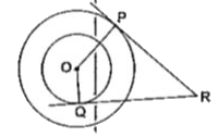 संलग्न आकृति में, त्रिज्याओं 10 cm तथा 8 cm वाले दो संकेंद्रीय वृत्त हैं। बिंदु R से RP और RQ इन वृत्तों पर खींची गई स्पर्शरेखाएँ हैं। यदि RP की लंबाई 24 cm है, तो RO की लंबाई ज्ञात कीजिए।