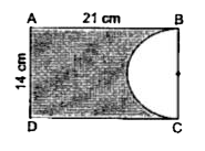 दी गई आकृति में ABCD एक आयत है, जिसकी विमाएँ 21 cm xx 14cm हैं। BC को व्यास मानकर एक अर्धवृत्त खींचा गया है। आकृति में छायांकित भाग का क्षेत्रफल तथा परिमाप ज्ञात कीजिए।