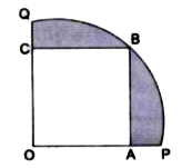 दी गई आकृति में, एक वर्ग OABC एक वृत्त के चतुर्थांश OPBQ के अंतर्गत है। यदि OA= 20 cm है, तो छायांकित भाग का क्षेत्रफल ज्ञात कीजिए। [pi = 3.14 लीजिए।]