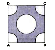 दी गई आकृति में, ABCD 6cm भुजा वाला एक वर्ग है। वर्ग के प्रत्येक शीर्ष पर 1 cm त्रिज्या के वृत्त का चतुर्थांश खींचा गया, तथा बीच में 3cm व्यास का एक वृत्त भी खींचा गया है। छायांकित भाग का क्षेत्रफल ज्ञात कीजिए। [pi  = 3.14  लीजिए।]