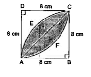 दी गई आकृति में छायांकित भाग का क्षेत्रफल ज्ञात कीजिए, जो 8cm त्रिज्याओं वाले दो वृत्तों के चतुर्थाशों के बीच उभयनिष्ठ है।
