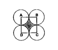 दी गई आकृति में, ABCD 28 cm भुजा का एक वर्ग है। A, B,C तथा D प्रत्येक को केंद्र लेकर चार वृत्त इस प्रकार खींचे गए हैं कि प्रत्येक वृत्त अन्य तीन वृत्तों में से दो को बाह्य स्पर्श करता है। छायांकित भाग का क्षेत्रफल ज्ञात कीजिए।