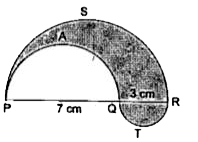 दी गई आकृति में, PSR, RTO तथा PAQ तीन अर्धवृत्त हैं, जिनके व्यास क्रमशः 10 cm,3cm तथा 7cm हैं। छायांकित भाग का क्षेत्रफल तथा परिमाप ज्ञात कीजिए। [pi = 3.14  लीजिए।]