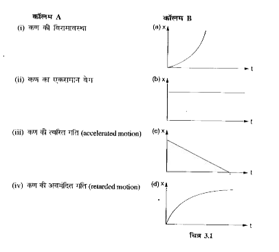किसी सरल रेखा पर गतिशील कण की विभिन्न अवस्थाएँ कॉलम A में तथा उनके संगत (corresponding) विस्थापन समय ग्राफ (displacement-time graph) कॉलम B में दिए गए हैं।
