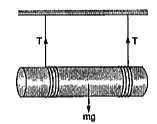 चित्र 4.8 में प्रदर्शित द्रव्यमान m  तथा त्रिज्या R के एक ठोस बेलन पर दो अवितान्य धागो को लपेटकर दृढ आधार से लटकाया गया है धागो पर बेलन की गति गुरुत्व के अधीन पूर्णतः लोटनिक है।       प्रत्येक धागे में तनाव T हो, तो