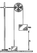 चित्र 4.9 में प्रदर्शित व्यवस्था में अवितान्य डोरी से जुड़े दो ब्लॉक जिनके द्रव्यमान क्रमशः m तथा 4m है, एक भारतरहित घिरनी से होकर गुजरते है द्रव्यमान 4m के ब्लॉक को h ऊँचाई से विरामावस्था से मुक्त किया जाता है।       ब्लॉक की गति के क्रम में सम्बद्ध डोरी में तनाव है