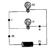 The given figure shows a simple electrical circuit that consists of two bulbs, and a battery. One switch has to be added to the circuit in order to operate only bulb M.      This switch must be placed at point