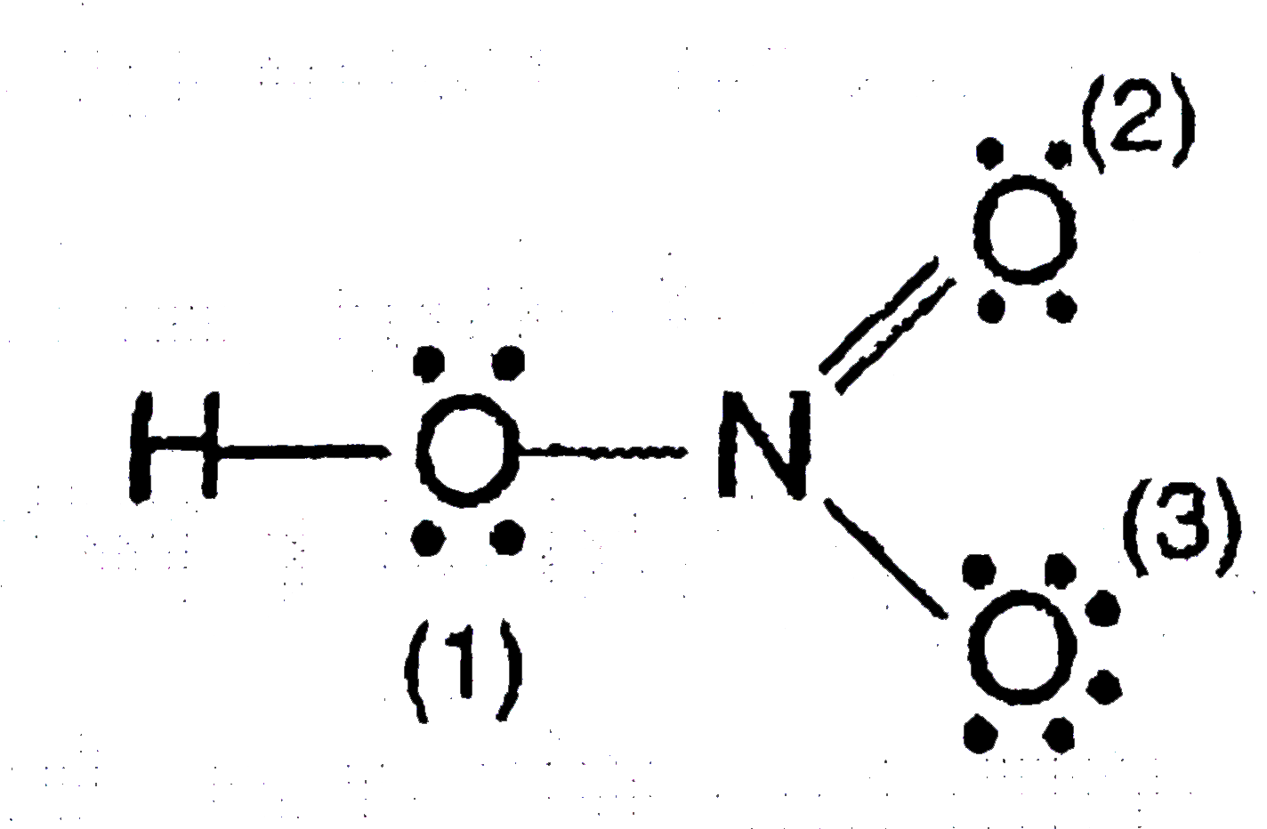 Consider the following Lewis structure of HNO(3),      The formal charge on O((1)), O((2)) and O((3)) are given in colmun II. Match the following and choose the correct option from the codes given below.