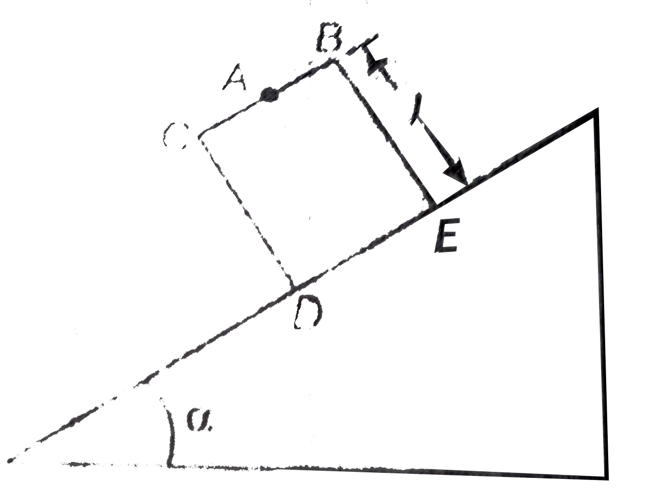 A rectangular box is sliding on a smooth inclined plane of inclination theta. At t=0 the box starts to move on the inclined plane. A bolt starts to fall from point A. Find the time  after which bolt strikes the bottom surface of the box.