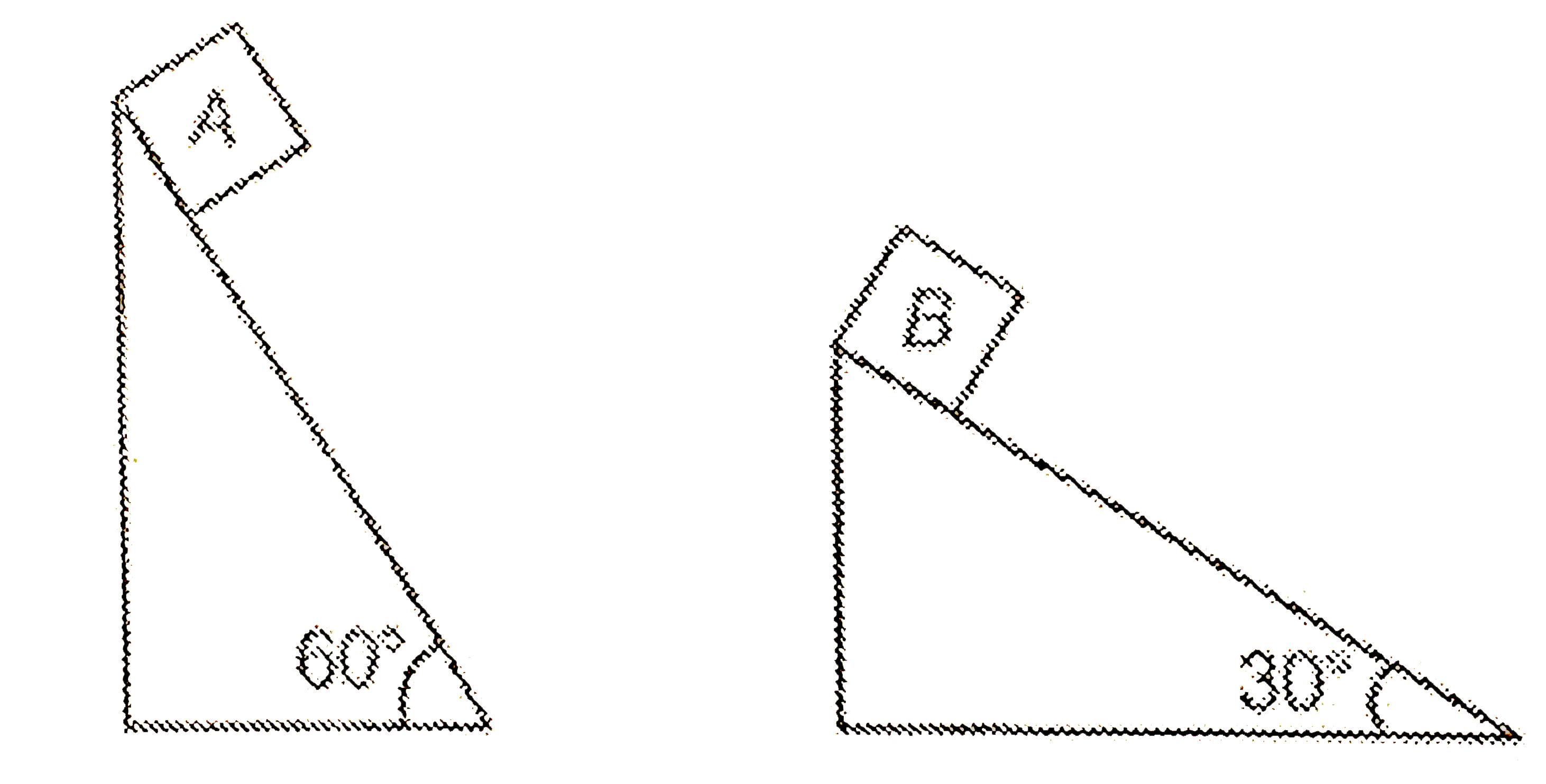 Two fixed frictionless inclined plane making angles 30^(@) and 60^(@) with the vertical are shown in the figure. Two blocks A and B are placed on the two planes What is the relative vertical acceleration of A with respect to B ?