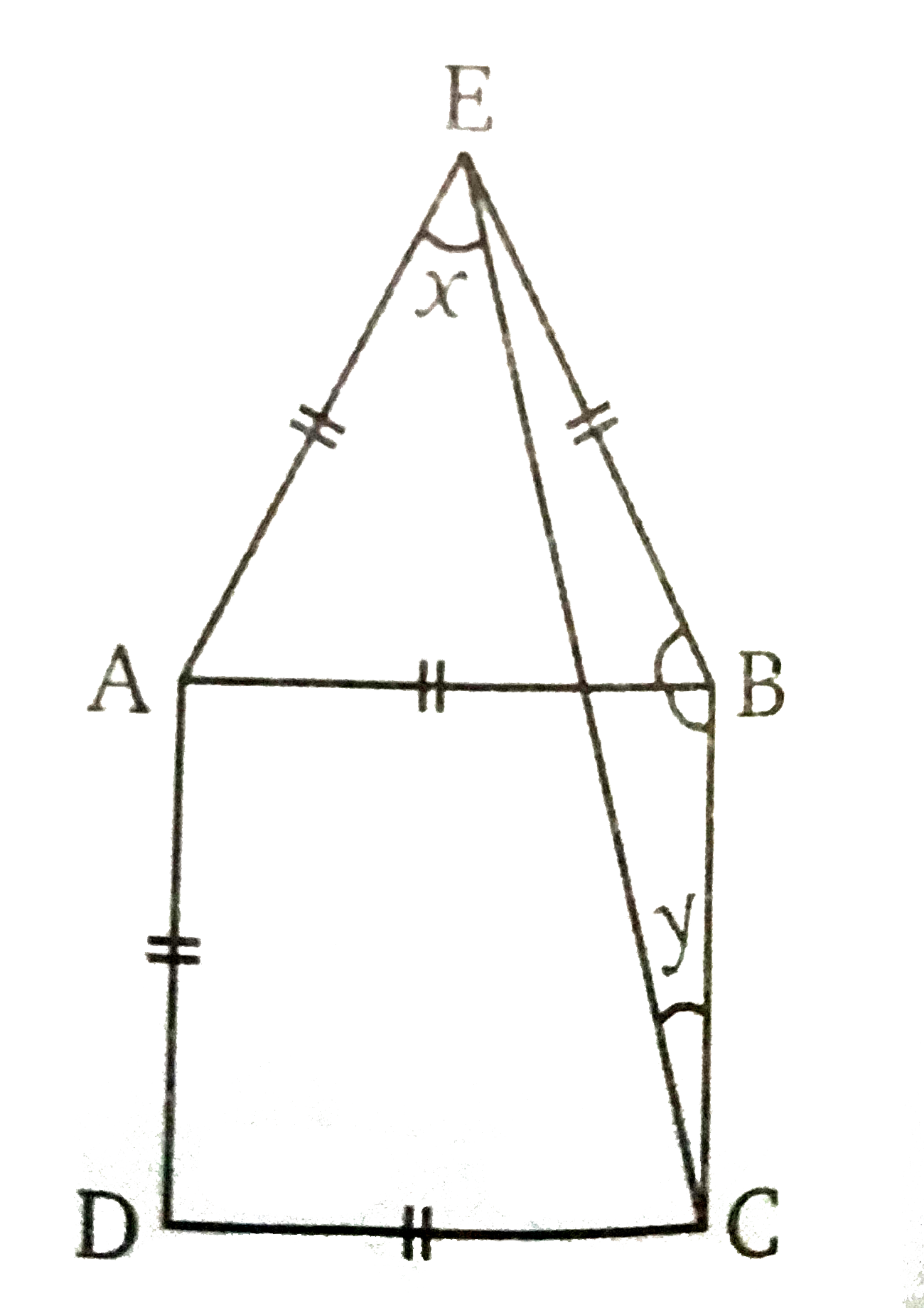 चित्र में, एक समबाहु त्रिभुज EAB , एक वर्ग  ABCD  के ऊपर अध्यारोपित है । x  और y  के मान ज्ञात कीजिए ।