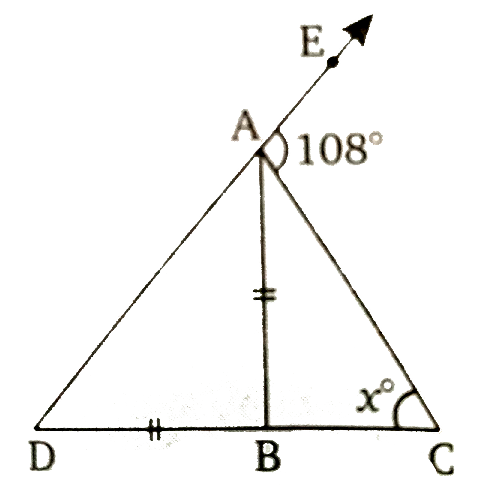 चित्र में,  AB, /DAC को  1:3के अनुपात में विभाजित करता है और  AB + DB , x का मान निकालिये ।
