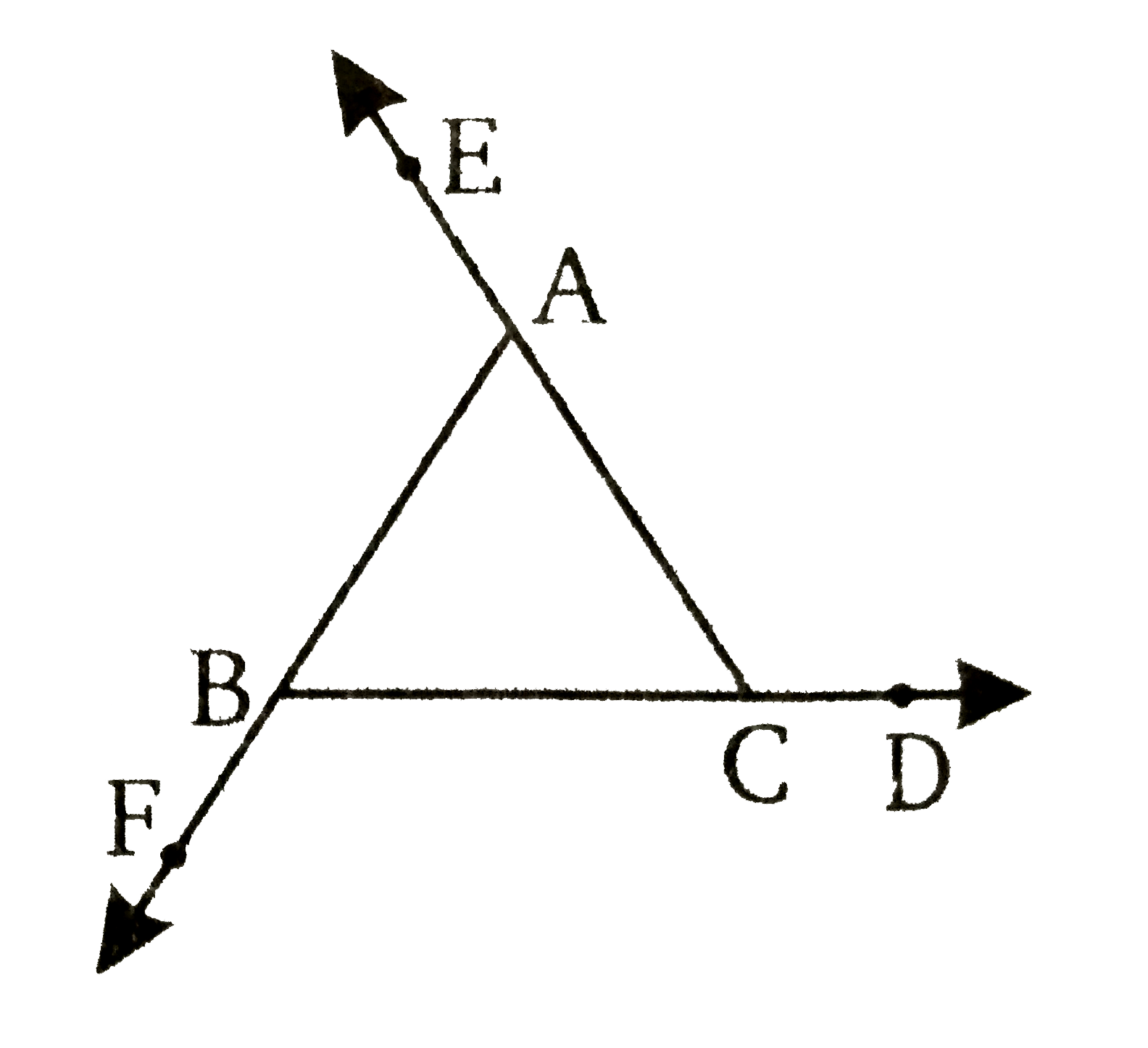यदि एक त्रिभुज कि भुजाएँ क्रम में बढ़ायी गयी है तो सिद्ध कीजिए कि बने हुए बहिष्कोणों का योग, चार सम कोणों के बराबर है।