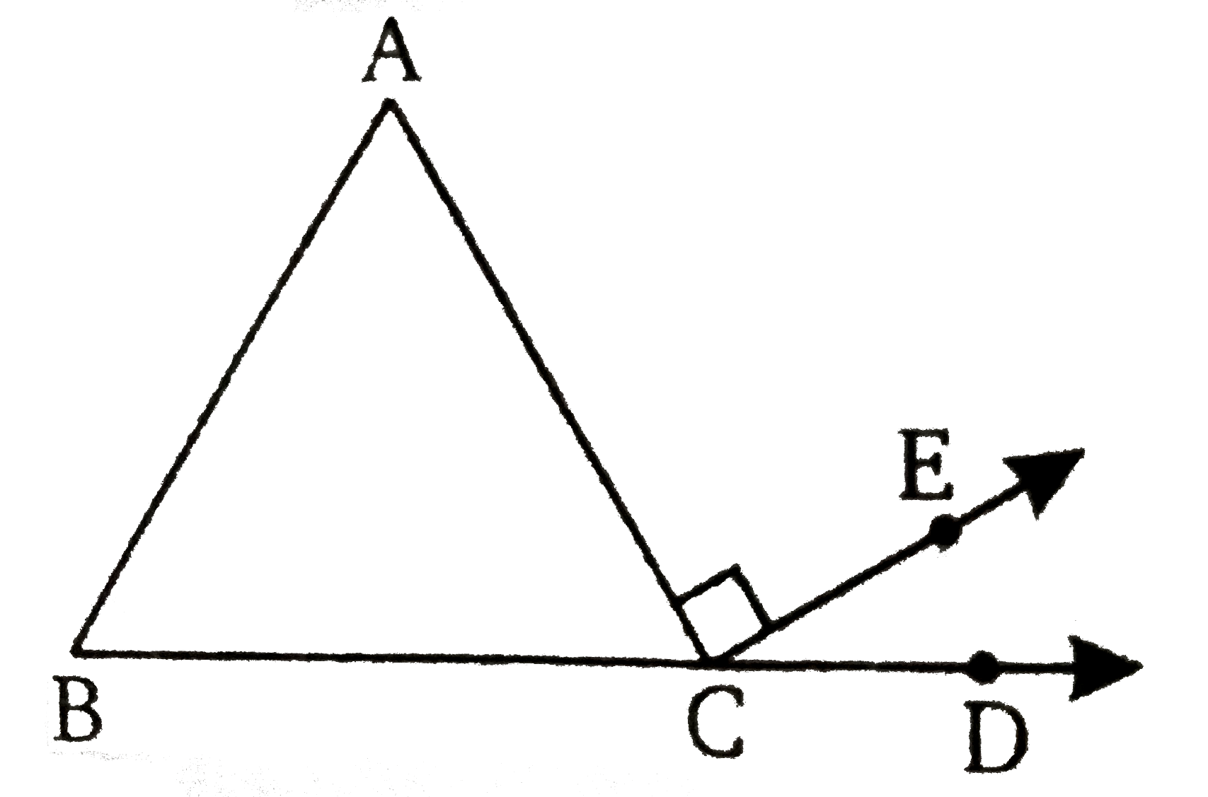 चित्र में, एक त्रिभुज ABC  है जिसमें BC को D  तक बढ़ाया गया है । यदि  /A : /B : /C : : 2: 3: 4 तथा  AC | CE  , हो  /ECD  ज्ञात कीजिए ।