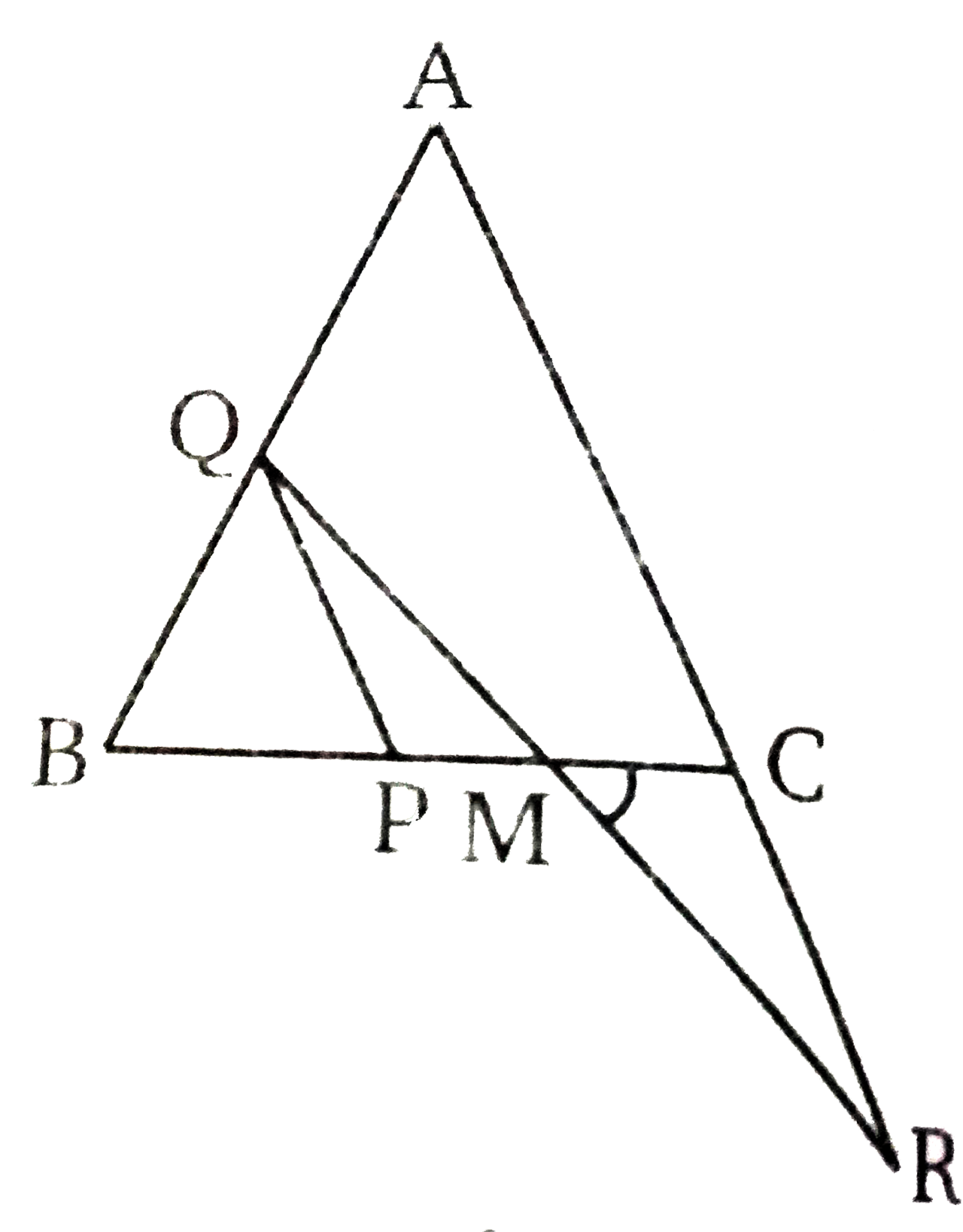 संलग्न चित्र में , एक समबाहु  त्रिभुज ABC  है । PQ||ACतथा AC को R तक इस प्रकार बढ़ाया है कि CR = BP तो दिखाइये  कि QR, PC को समद्विभाजक करता है ।