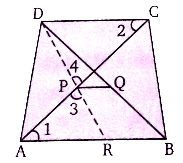 सिद्ध कीजिए की किसी समलम्ब चतुर्भुर्ज के विकर्णों के मध्य बिंदुओं को मिलाने वाले रेखाखण्ड उसकी समान्तर भुजाओं के सामन्तर तथा उनके अन्तर से आधा होता है।