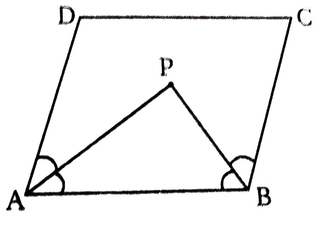 संलग्न चित्र में, एक समान्तर चतुर्भुर्ज ABCD है जिसमे angleA और angle B के समद्विभाजक एक बिंदु P पर प्रतिच्छेद करते है, दर्शाइए की angleAPB=90^(@)