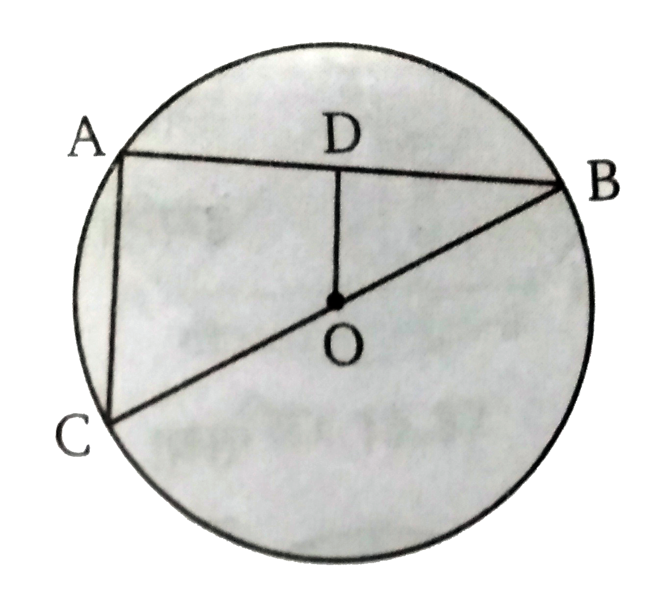 चित्र में O केंद्र के वृत्त की जीवा AB पर एक लम्ब OD है। यदि BC वृत्त का व्यास हो तो सिद्ध कीजिये की CA = 2 OD