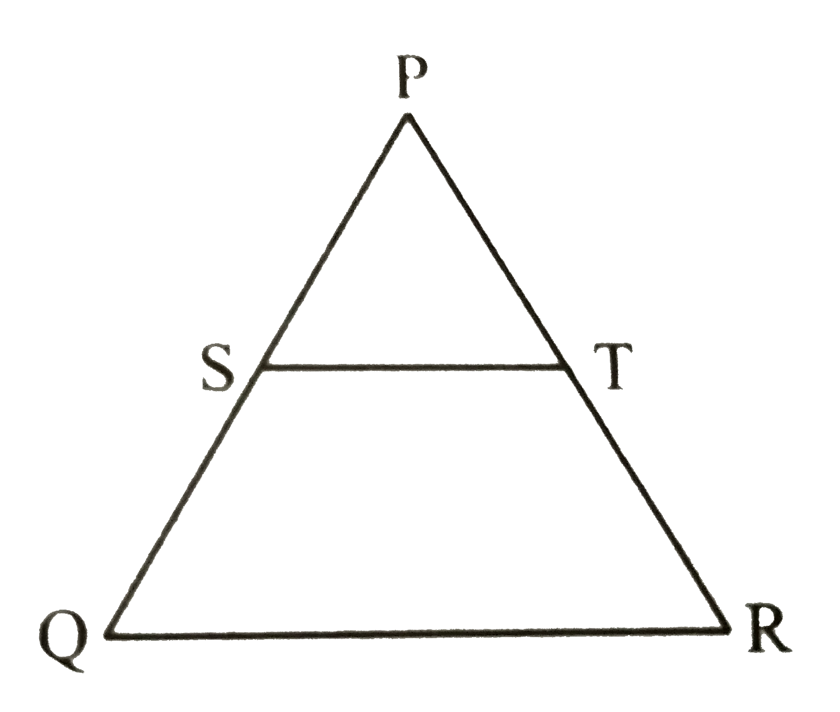 दी गई आकृति में (PS)/(SQ) = (PT)/(TR) तथा anglePST = anglePRQ है । सिद्ध कीजिए कि   trianglePQR एक समद्विबाहु त्रिभुज है ।