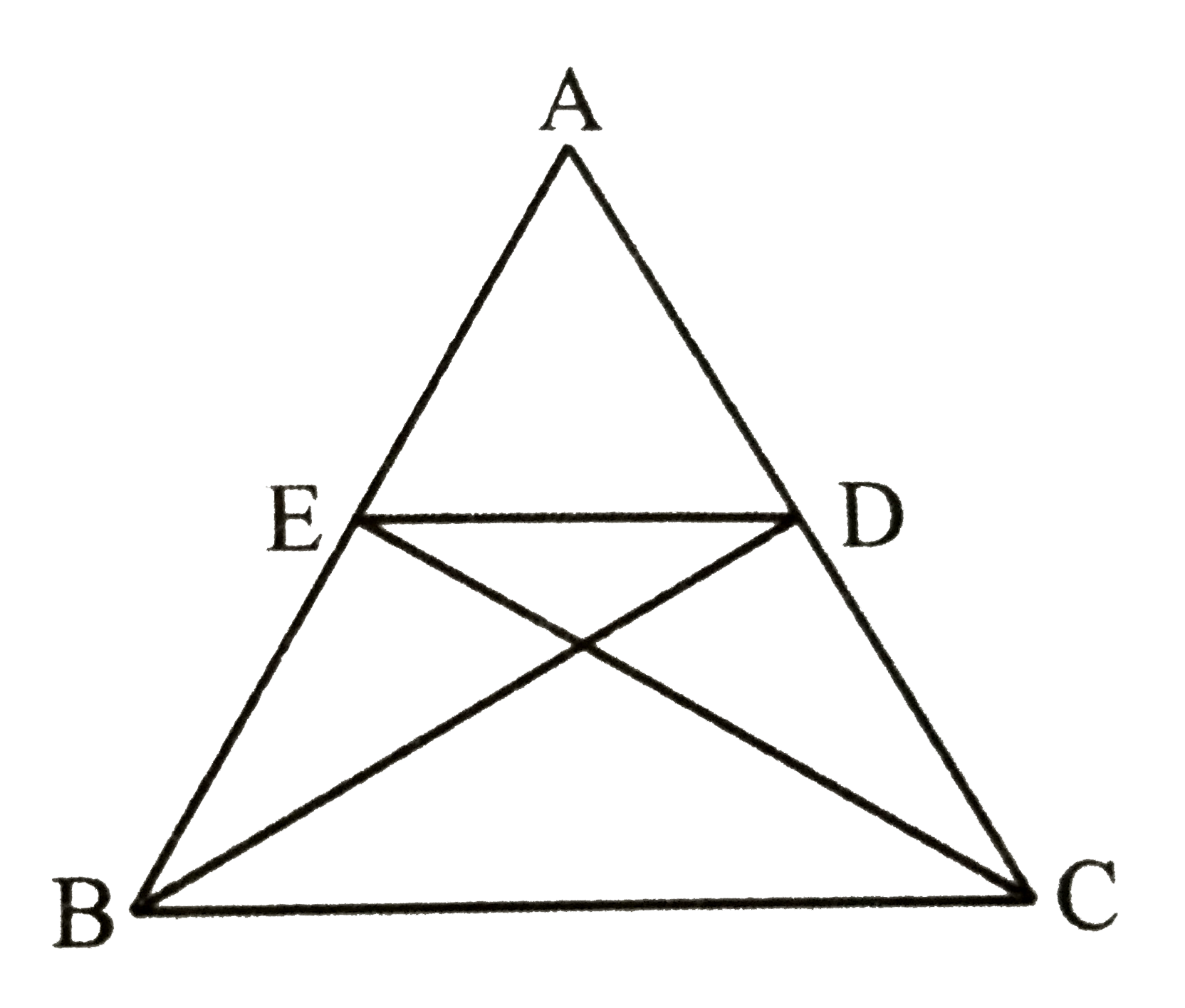 एक त्रिभुज ABC का angleB तथा angleC का अर्द्धक विपरीत भुजा पर क्रमशः D तथा E में मिलता है । यदि DE।।BC तो सिद्ध कीजिए कि त्रिभुज समिद्विबाहु है ।