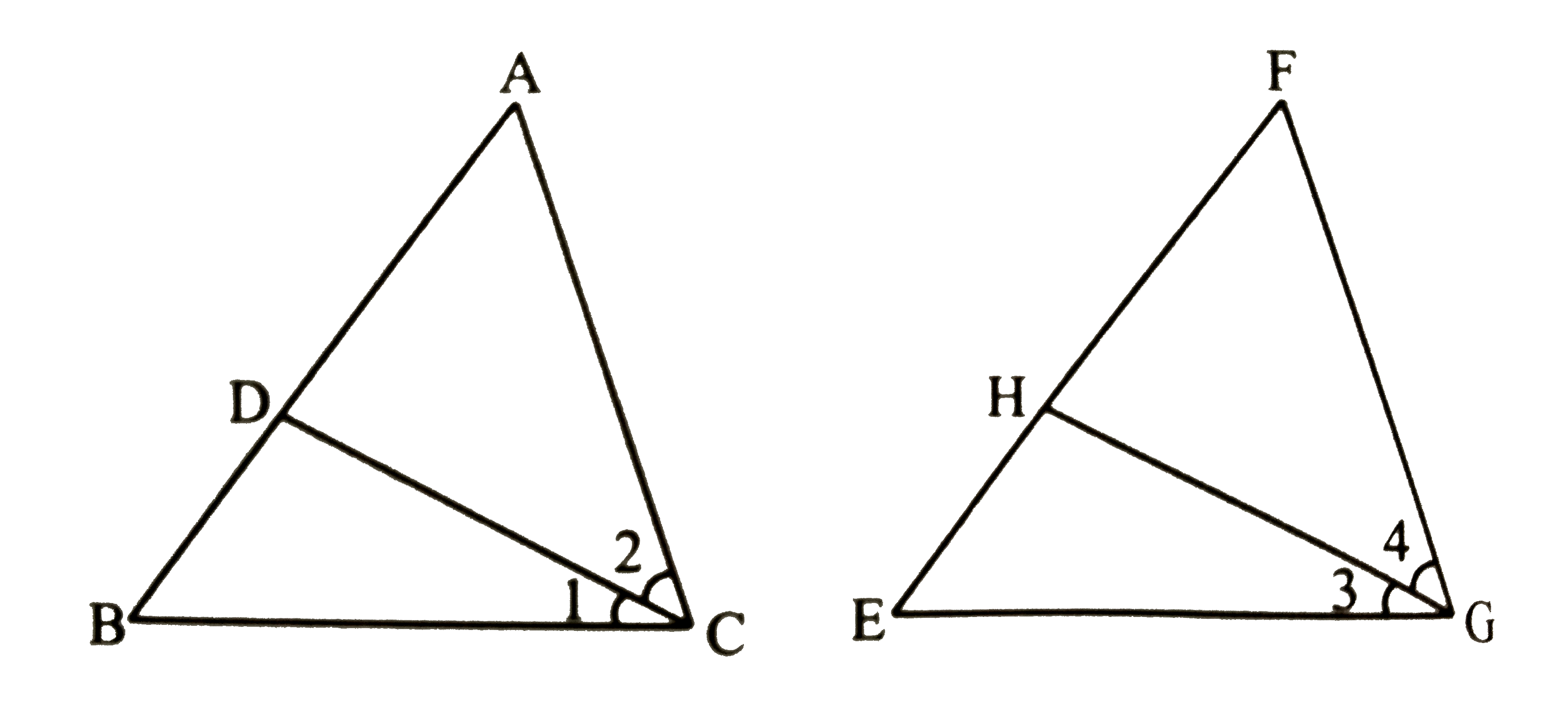 यदि CD तथा HG (D तथा H, AB तथा FE पर है |) क्रमशः angleACB  तथा angleEGF  के अर्द्धक है तथा triangle ABC ~  triangleFEG  तो सिद्ध कीजिए कि :    (i) triangle DCA ~ triangleHGF   (ii) (CD)/(GH) = (AC)/(FG)   (iii) triangle ~ triangleHGE