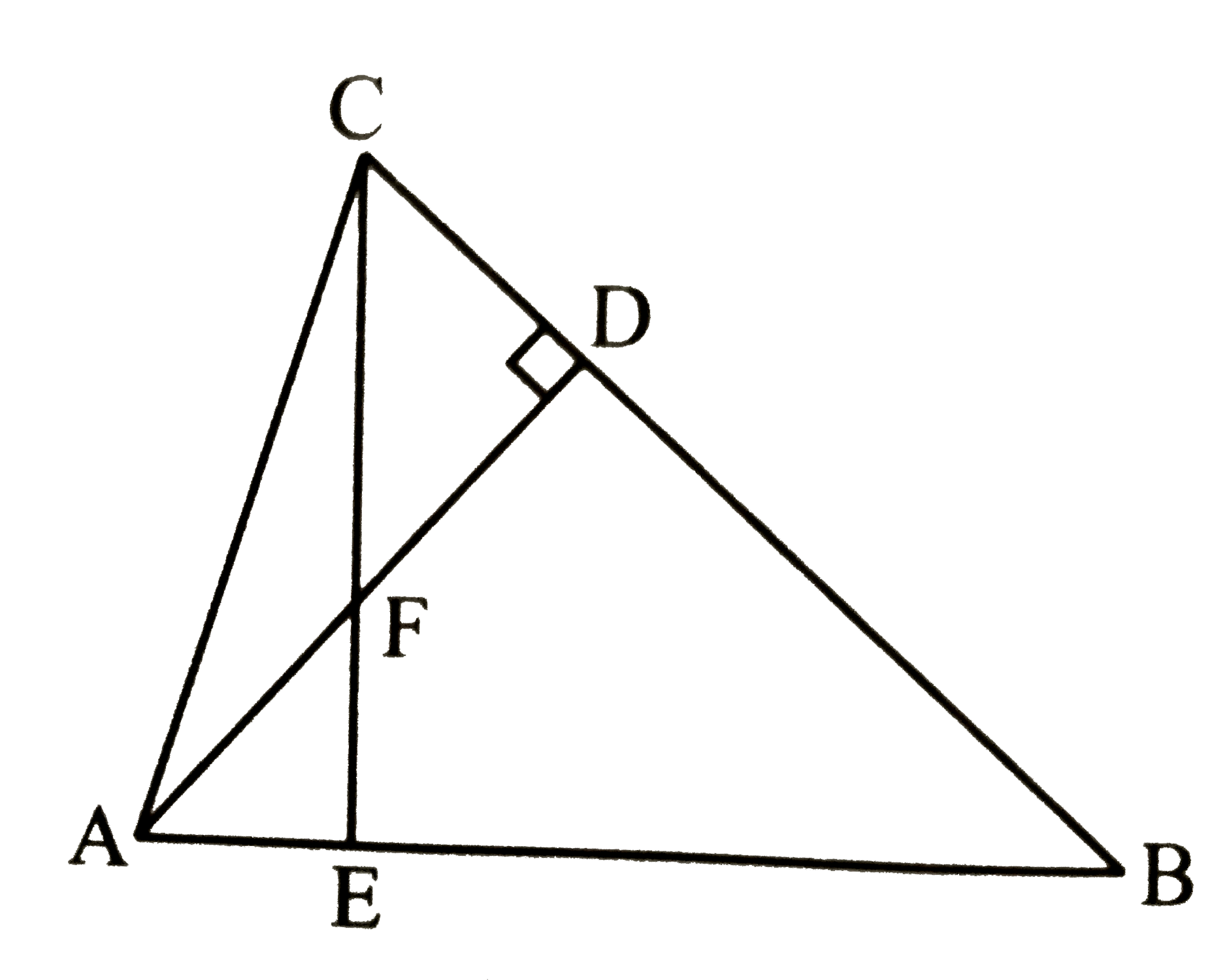 दी गई आकृति में, triangleABC की दो ऊँचाइयो AD तथा CE है तो सिद्ध कीजिए कि :    (i) triangleAEF ~ triangleCDF   (ii) triangleABD ~ triangleCBE   (iii) triangleAEF ~ triangleADB   (iv) triangleFDC ~ triangle BEC
