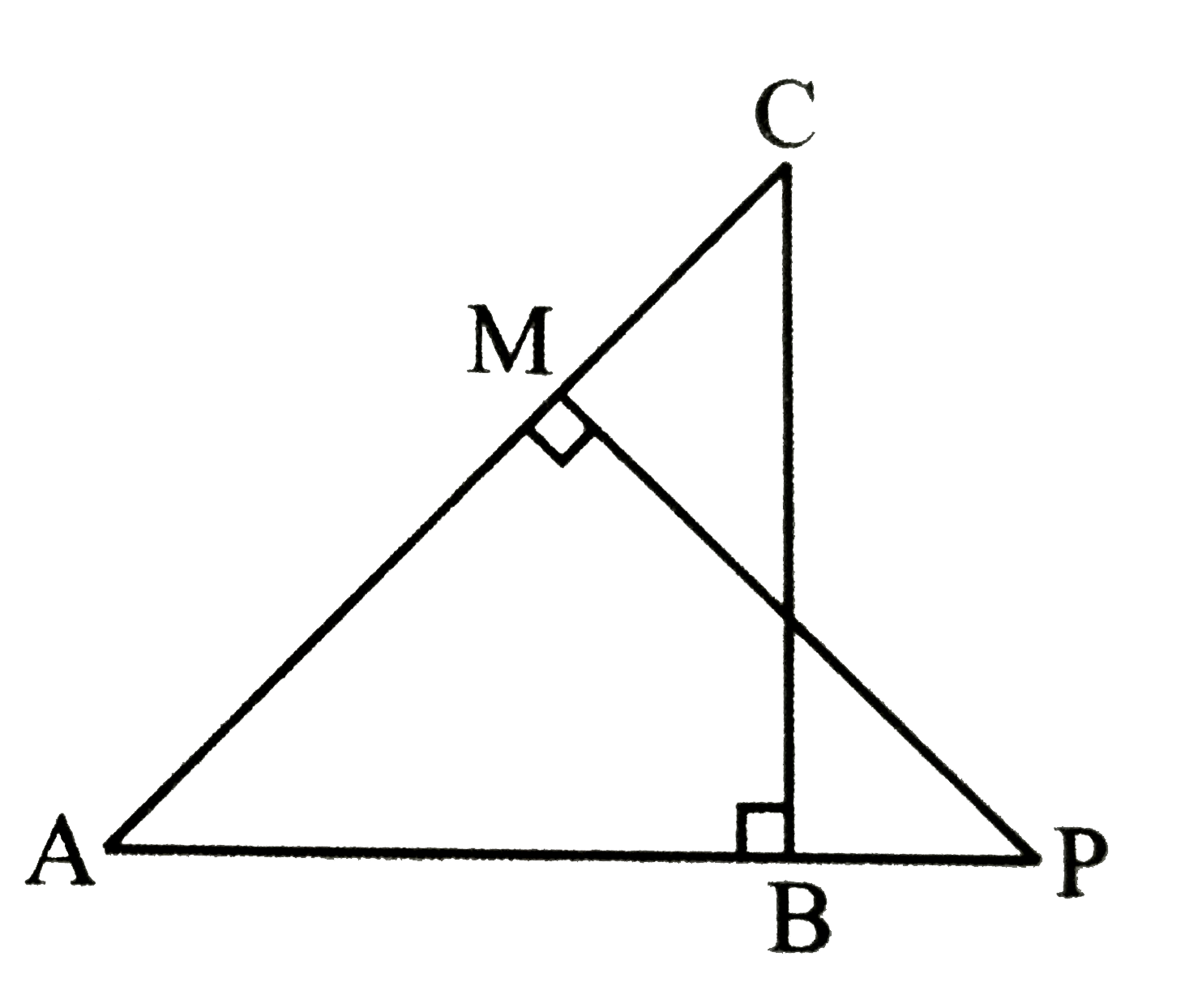 दी गई आकृति में, triangle ABC  तथा triangle AMP क्रमशः Bतथा M पर समकोण है तो सिद्ध कीजिए कि,    (i) triangle ABC ~ triangle AMP   (ii) (CA)/(PA) = (BC)/(MP)