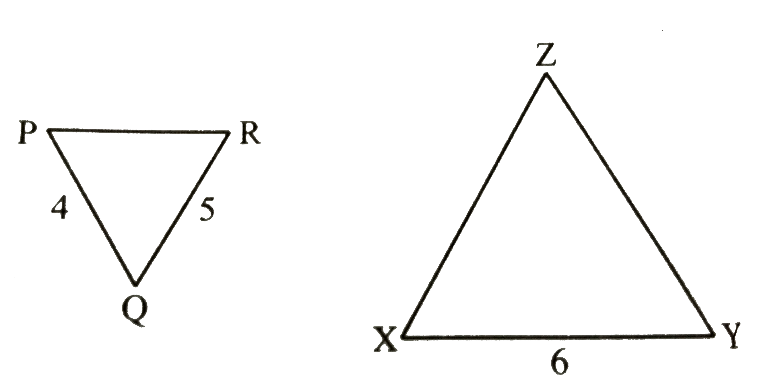 दी गई आकृति में, triangle PQR ~ triangle XYZ यदि PQ = 4 सेमी०, QR = 5  सेमी० तथा XY = 6 सेमी० है तो YZ ज्ञात कीजिए |