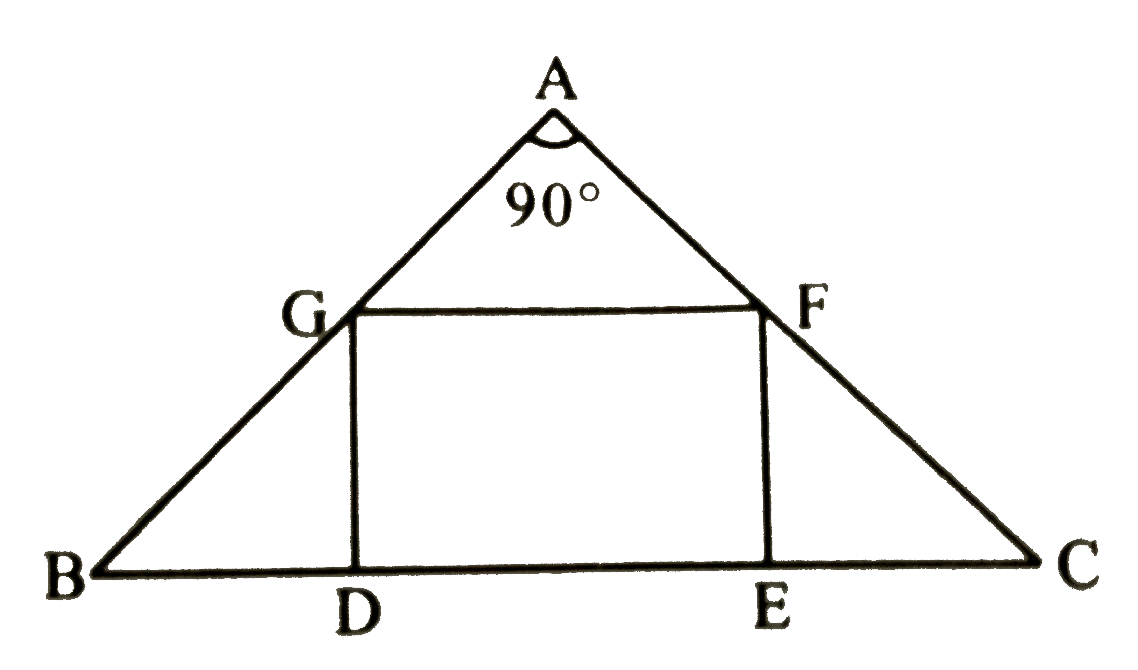 दी गई आकृति में, एक वर्ग DEFG है तथा angle BAC = 90^(@) है तो सिद्ध कीजिए कि    (i) triangleAFG ~ triangle DBG   (ii) triangle AGF~ triangle EFC   (iii) triangle DBG~triangleEFC   (iv) (DE)^(2) = BD xx EC