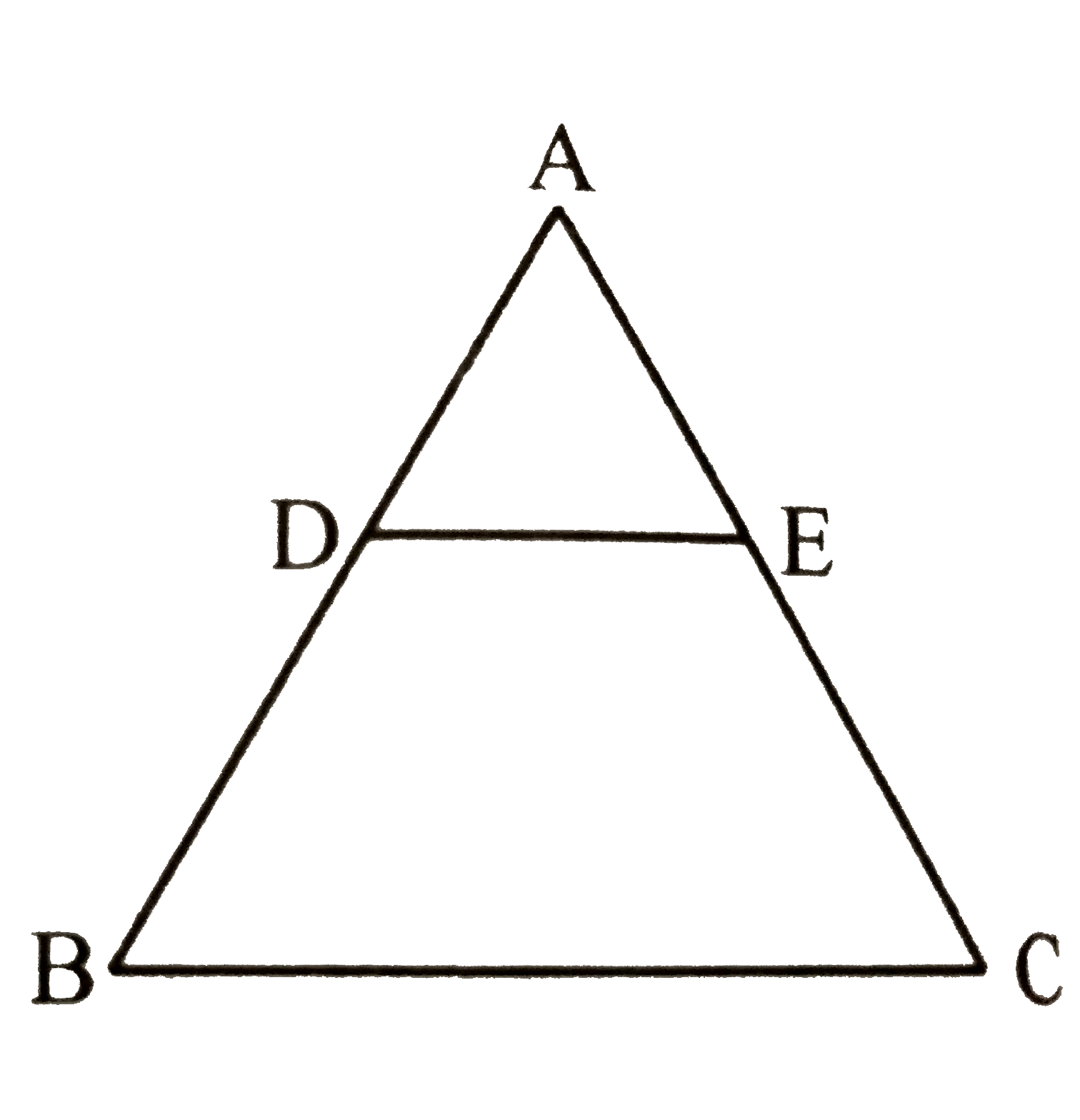 एक triangle ABC की भुजाओं AB तथा AC पर क्रमशः बिंदु D तथा E है | तथा DE||BC और triangle ABC दो बराबर भागो के क्षेत्रफलो में बँटा हुआ है तो (BD)/(AB) का मान ज्ञात कीजिए |
