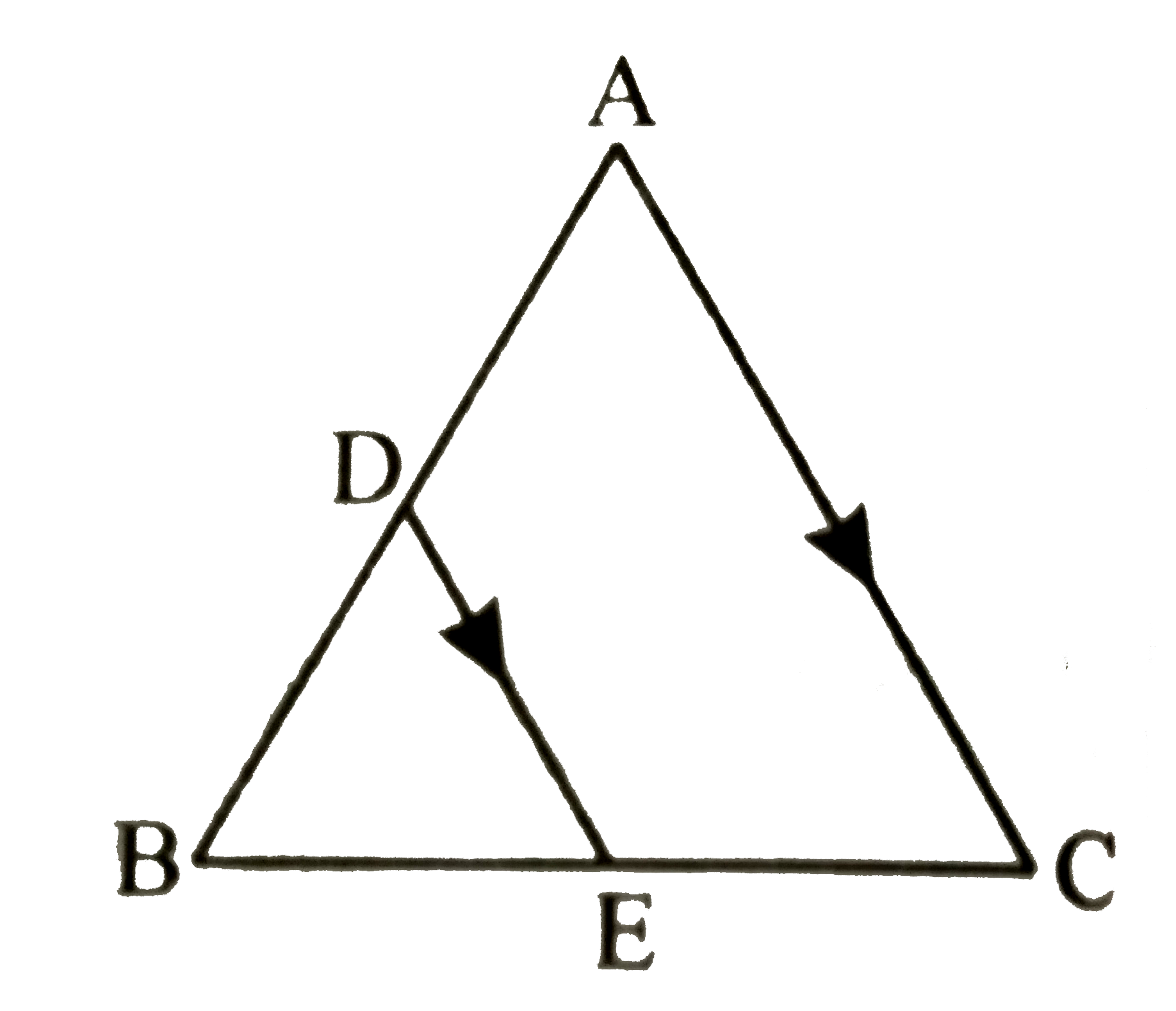 यदि triangle ABC की भुजा AB पर एक बिंदु D है | तथा AD : DB = 3:2 और BC पर एक बिंदु E  है | तथा DE||AC है तो त्रिभुज ABC तथा त्रिभुज DBE के क्षेत्रफलो का अनुपात ज्ञात कीजिए |
