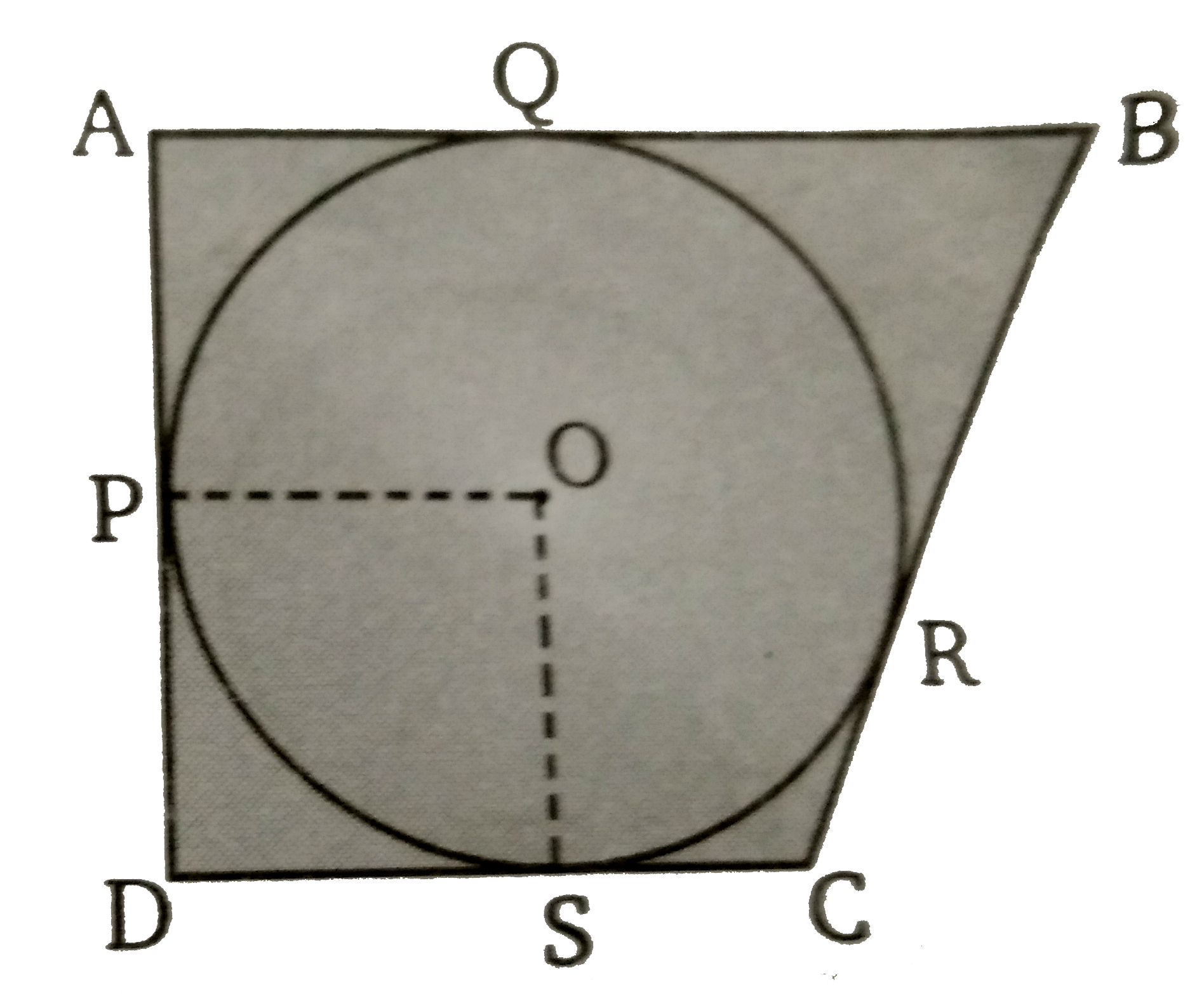 एक चतुर्भुज ABCD  (चित्र) के अन्दर एक वृत्त इस प्रकार है कि BC = 38 सेमी, BQ = 27 सेमी,  DC = 25  सेमी तथा AD, DC पर लम्ब है। वृत्त की त्रिज्या ज्ञात कीजिए ।