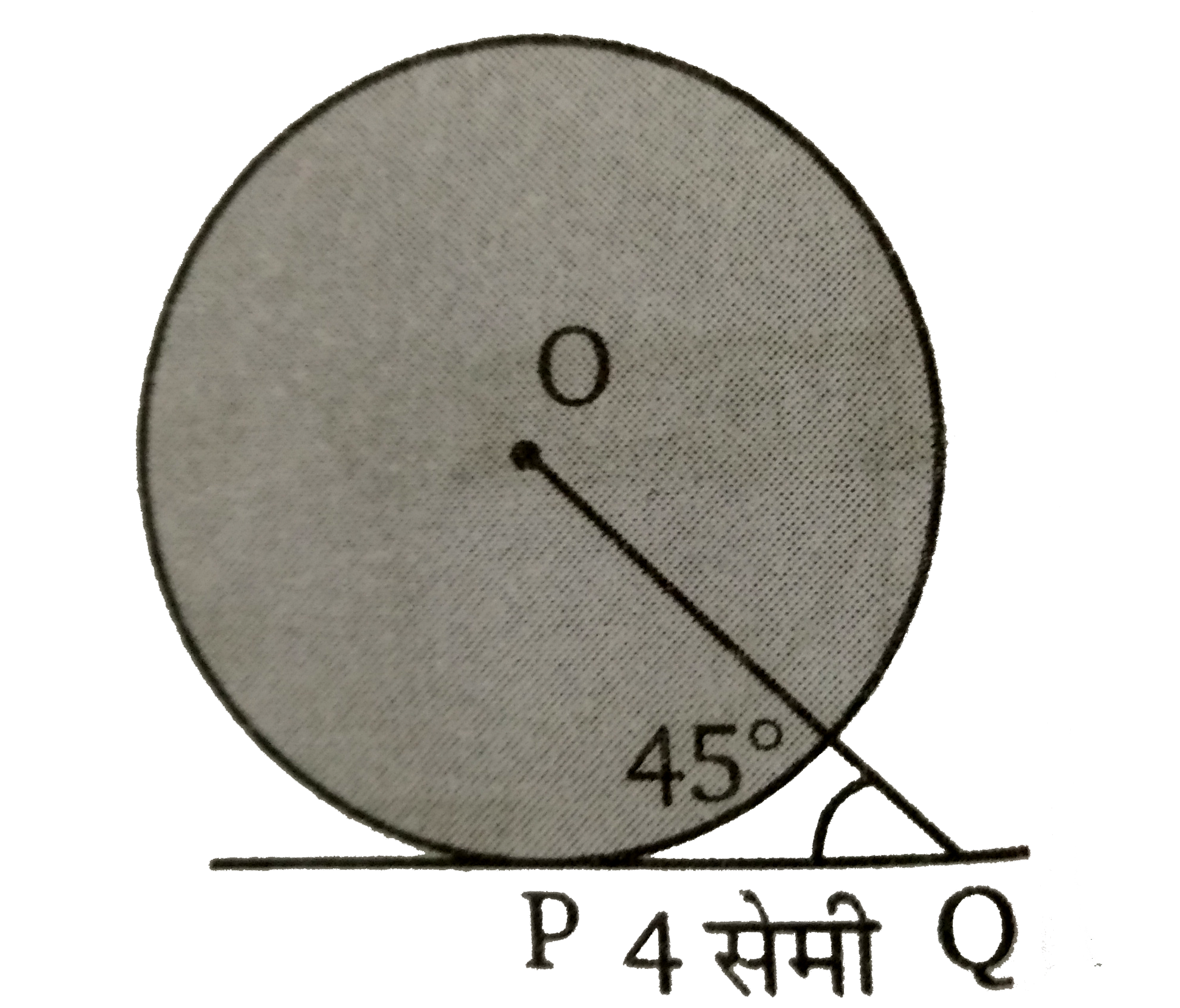 दिये गए चित्र में, O  वृत्त के केन्द्र है। वृत्त के बिन्दु P  से स्पर्श रेखा PQ  पर एक बिन्दु Q  इस प्रकार है कि PQ = 4  सेमी तथा anglePQO = 45^(@) | तब वृत्त कि त्रिज्या कि माप ज्ञात कीजिए ।