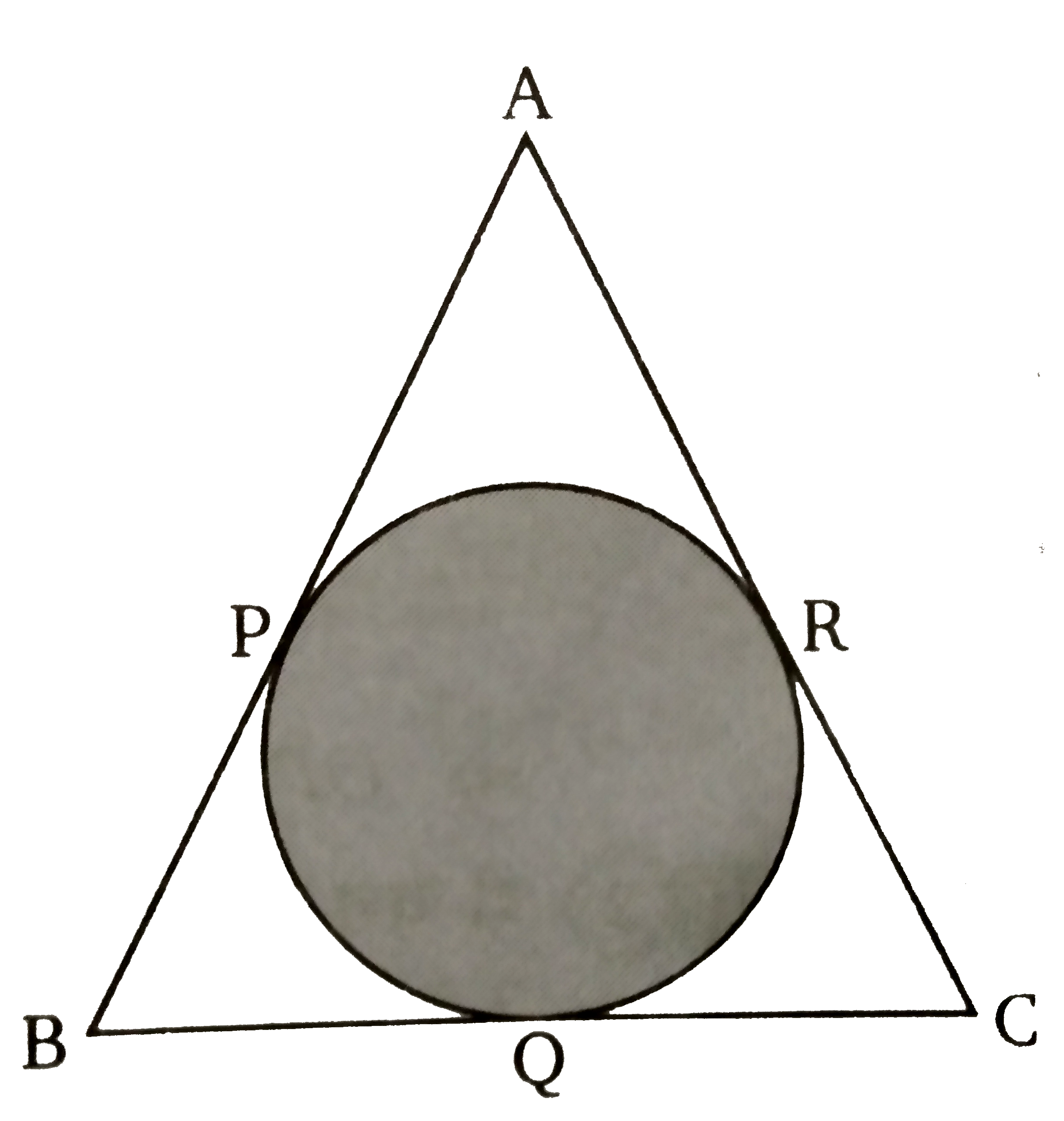 दिए  गए चित्र में त्रिभुज ABC  के अन्तर्गत एक वृत्त खींचा गया है। तथा P, Q, R  स्पर्श बिन्दु हैं। यदि PA = 4  सेमी, PB = 6  सेमी  तथा AC = 12  सेमी  हो तो BC  की माप ज्ञात कीजिए।