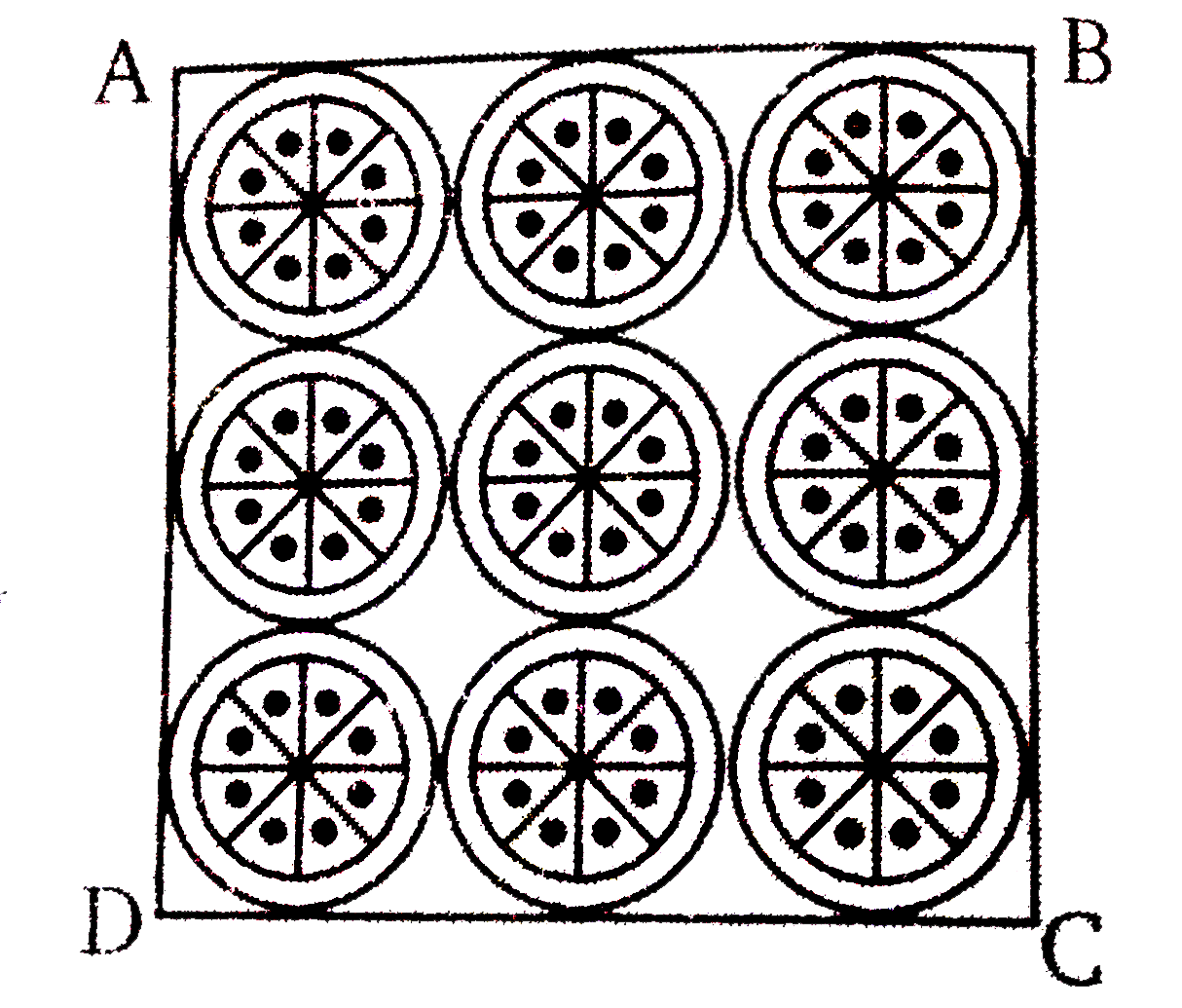 एक वर्गाकार रूमाल पर 9 वृत्ताकार डिजाइन बने है जिसमे से प्रत्येक की त्रिज्या 7 सेमी है (चित्र देखे) रूमाल के शेष भाग का क्षेत्रफल ज्ञात कीजिए ।