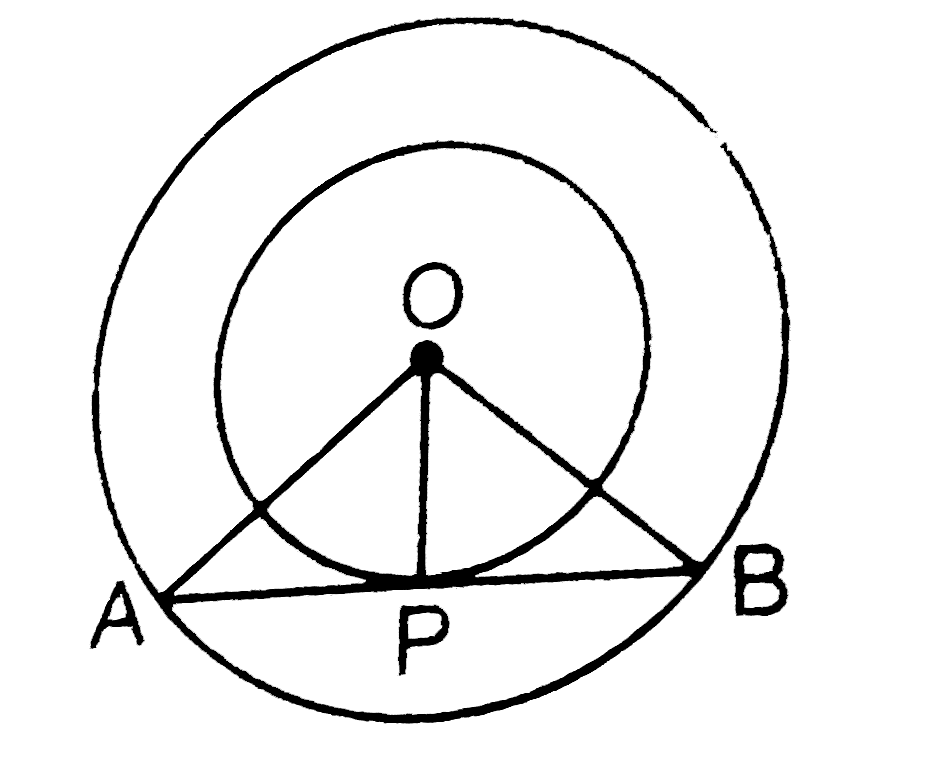 3 सेमी और 5 सेमी त्रिज्या के दो संकेन्द्रित वृत्त हैं। बाह्य वृत्त की एक जीवा AB, जो अंत:वृत्त को बिन्दु P पर स्पर्श करती है, की लम्बाई होगी।