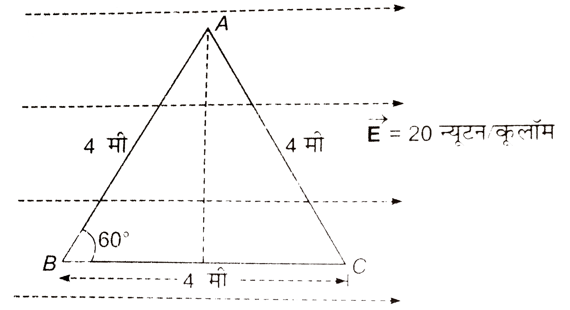 संलग्न चित्र में, एकसमान वैघुत क्षेत्र vecE=20 न्यूटन/कुलोम में तीन बिंदु A,B,C है। ज्ञात कीजिये- (i) V(A) - V(B), (ii) V(C)-V(B)