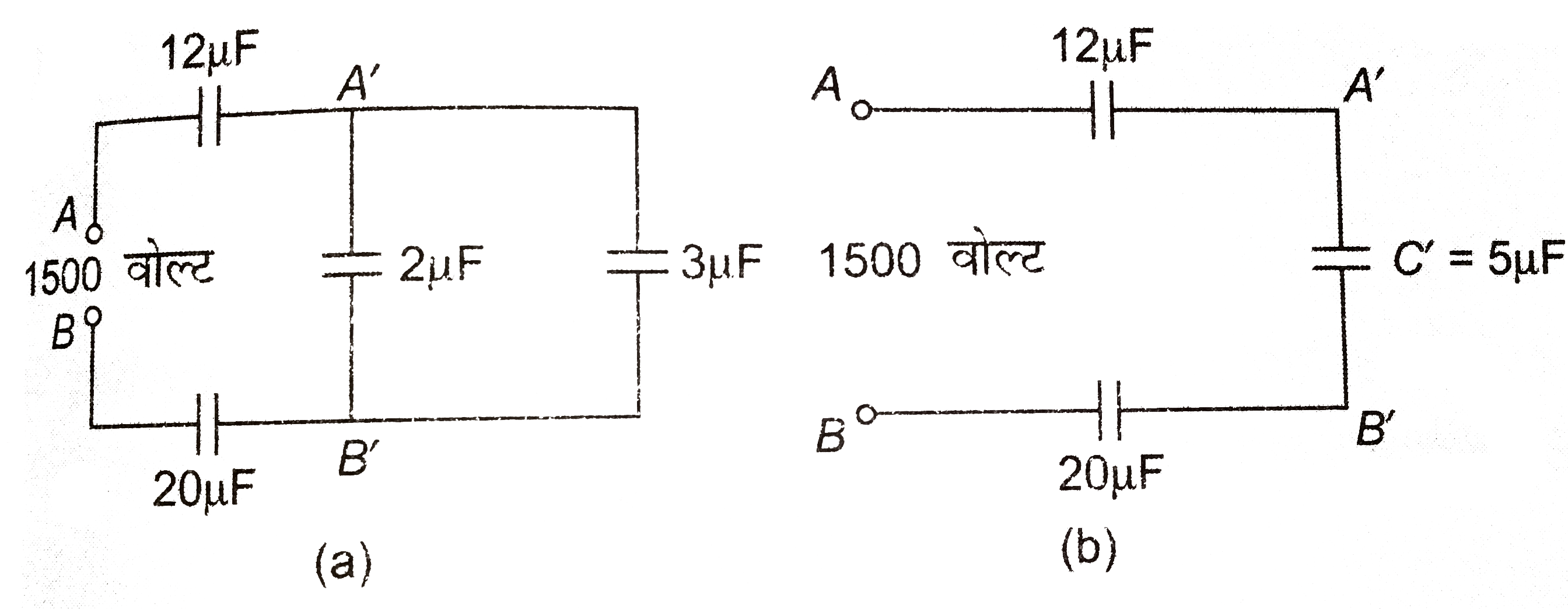 संलग्न चित्र a में ज्ञात कीजिये- a बिंदु a तथा b के बीच तुल्य धारिता, (b ) 2 mu F  धारिता के संधारित्र की प्लेटों के बीच विभवांतर , ( c ) 3 mu F  धारिता के संधारित्र पर आवेश, ( d ) 20 mu F  धारिता के संधारित्र में संचित्र ऊर्जा, ( E ) 12 mu F  धारिता के संधारित्र में संचित ऊर्जा।