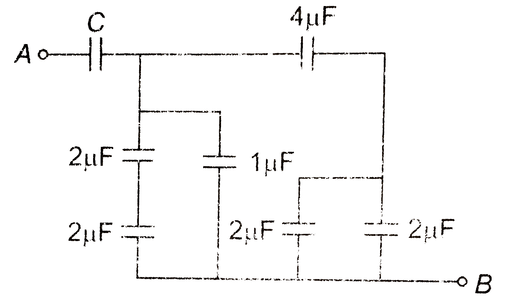 संलगन चित्र में, बिंदु Aor B के बीच तुल्य धारिता 2muF हैं। संधारित्र C की धारिता का मान ज्ञात कीजिये।