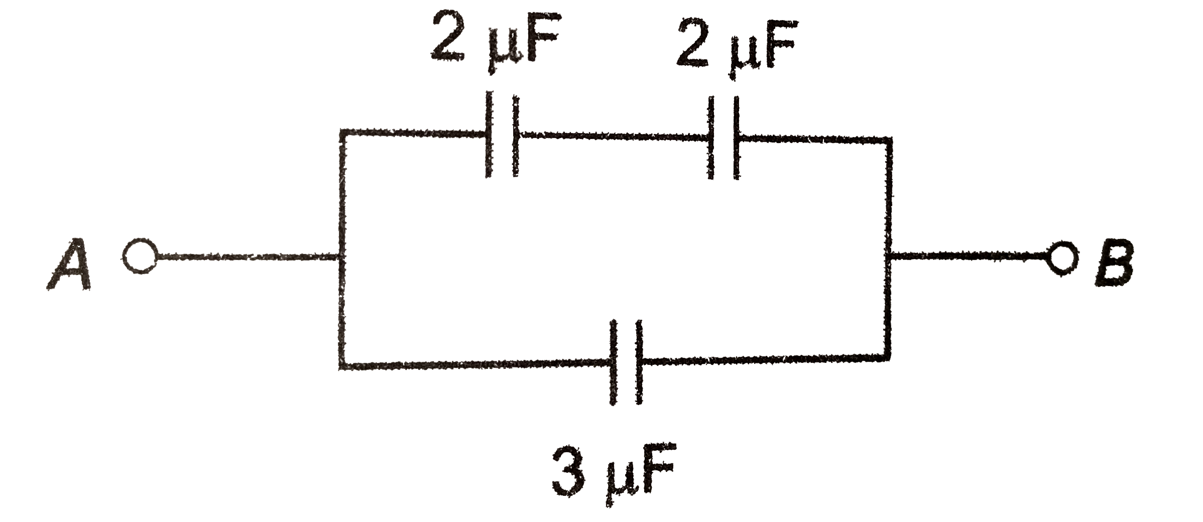 चित्र में बिंदुओं A or B के बीच तुल्य धारिता हैं-