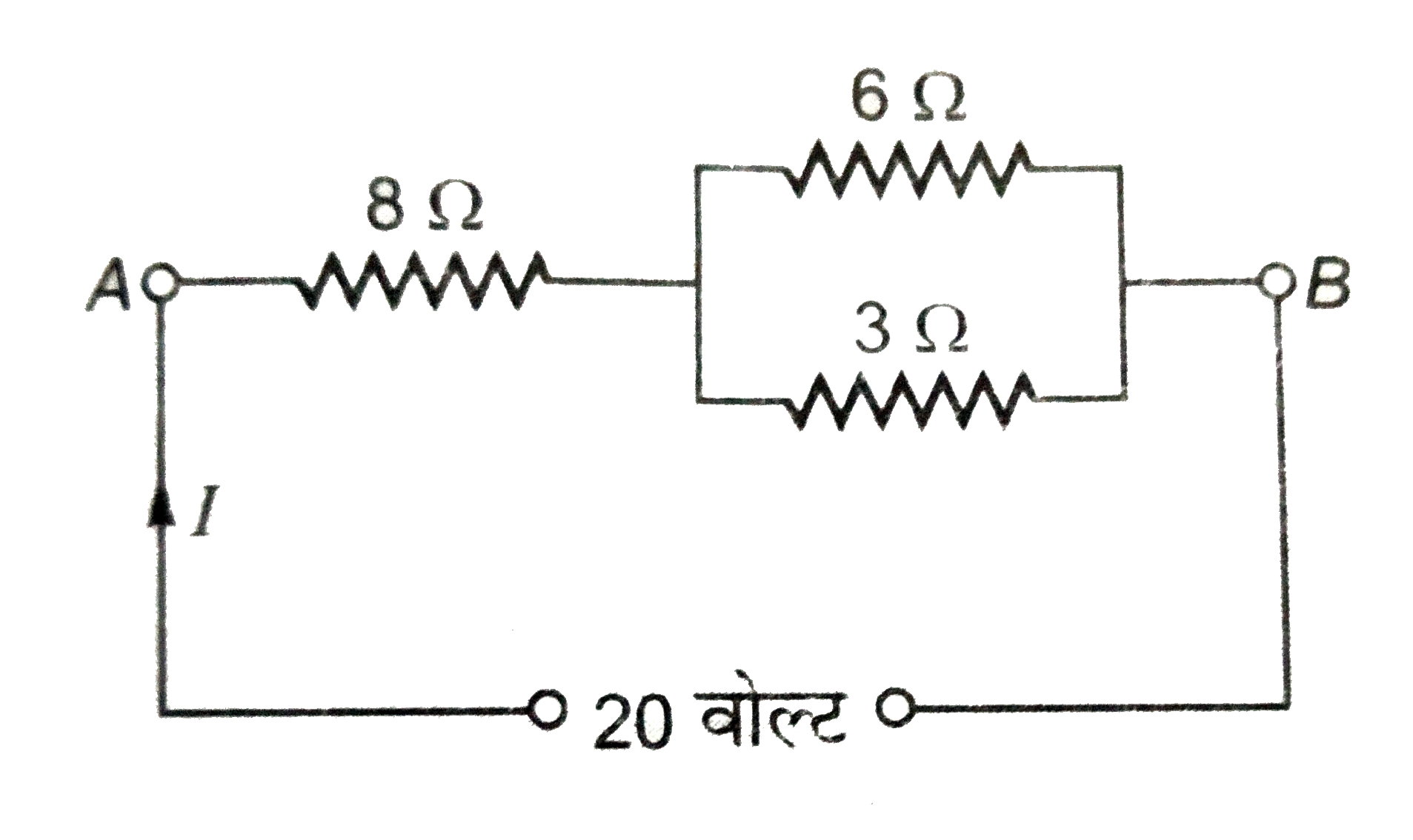 संलग्न चित्र में बिंदु A व B के बीच तुल्य प्रतिरोध तथा स्रोत द्वारा प्रवाहित धारा ज्ञात कीजिये ।